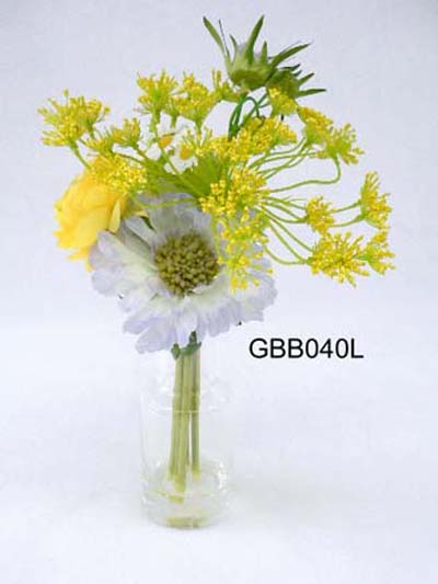 Sell 9 inches Scabiosa bouquet on glass w/ranunuculus, daisy, queen anne's lace.