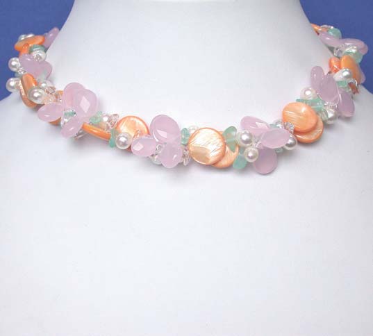 Salmon Pink Mother Of Pearl Crystal Necklace #jpn0203