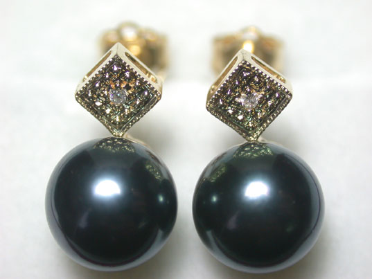 8mm Black Akoya Pearl Diamond Earrings 18K Gold #dae047n