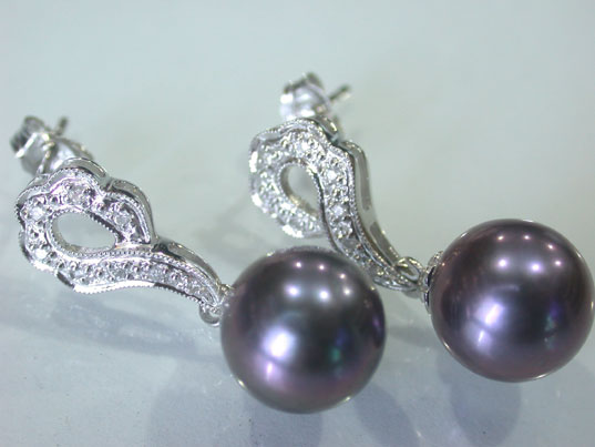 Rare 10mm Black Pearl Diamond Earrings 18K Gold #dae003b