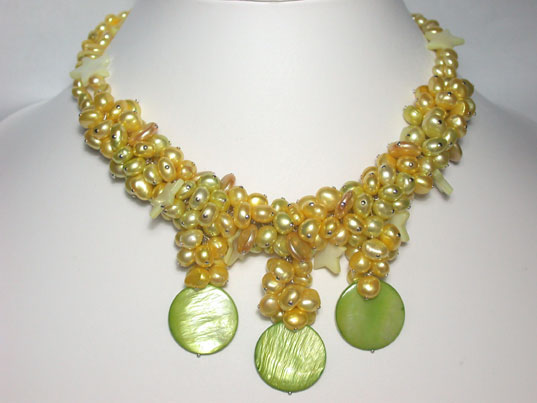 Green Yellow Coin Shell Pearl Necklace 2 Strand #jfn0014