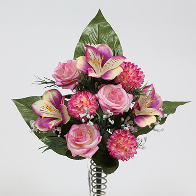 36cm Mixed Rose/Alstromeria/Pom Pom Mum/Foamed Gypso/Plastic Grass Half-flat Bush X 9