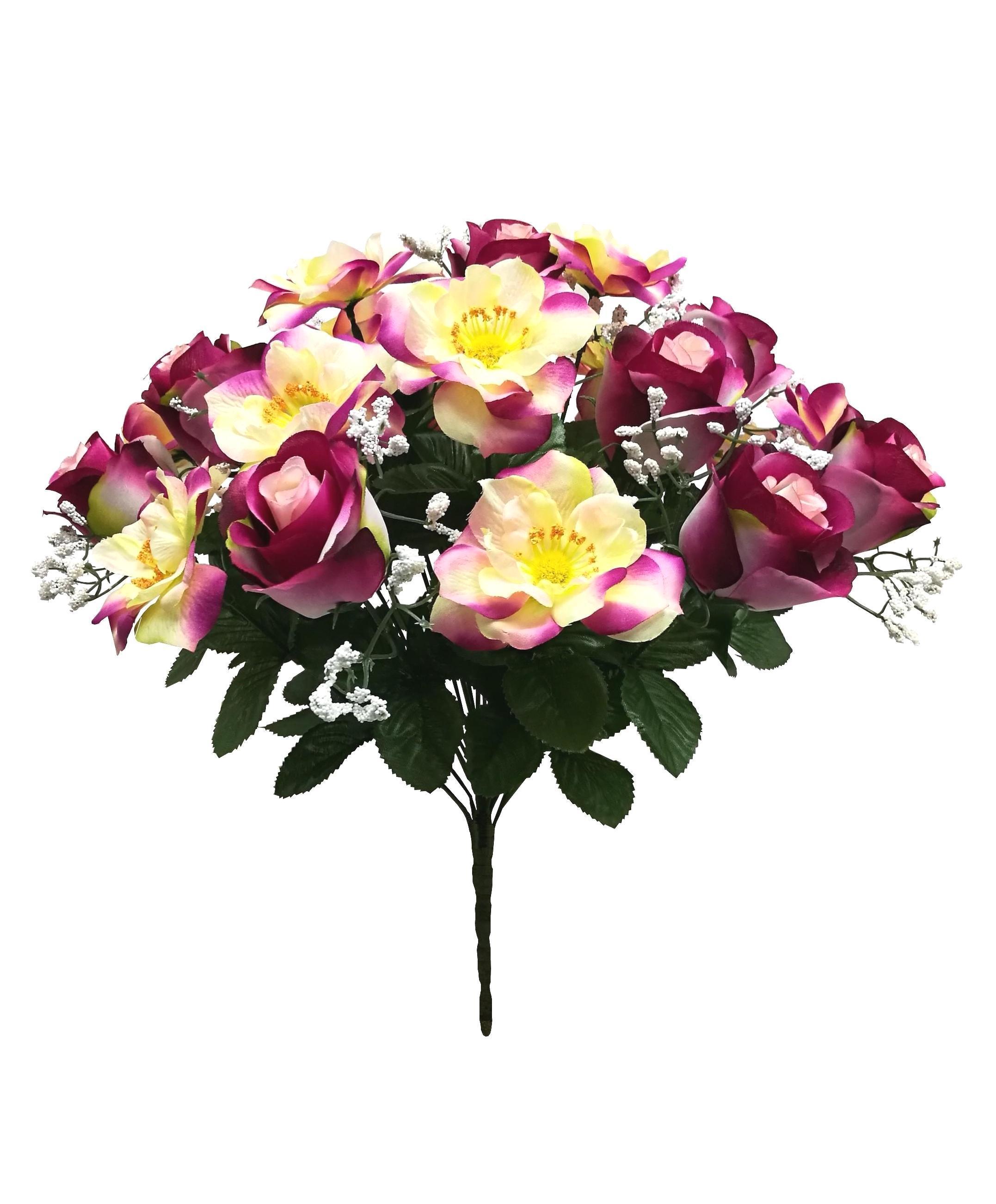 42cm Mixed Wild Rose/rose Bud/foamed Gypsothilia Bush With 36 Shiny Leaves