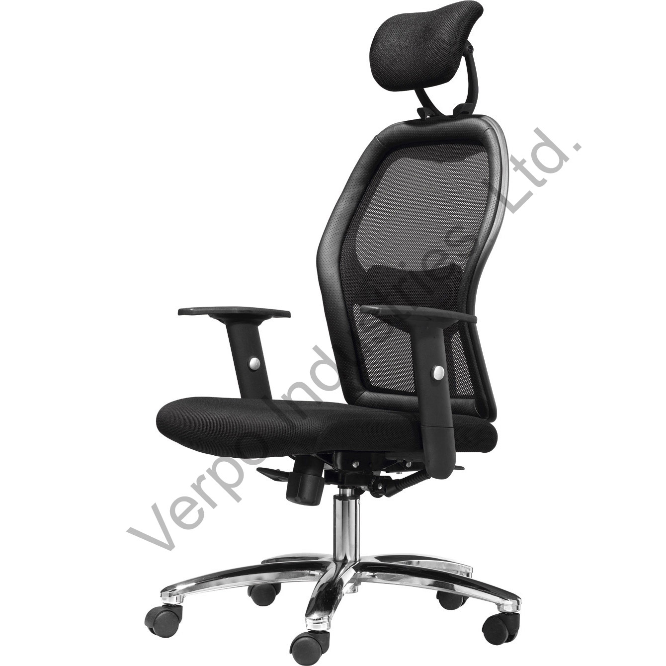 Contemporary hi back mesh office chair with height adjustable arms and chromed base