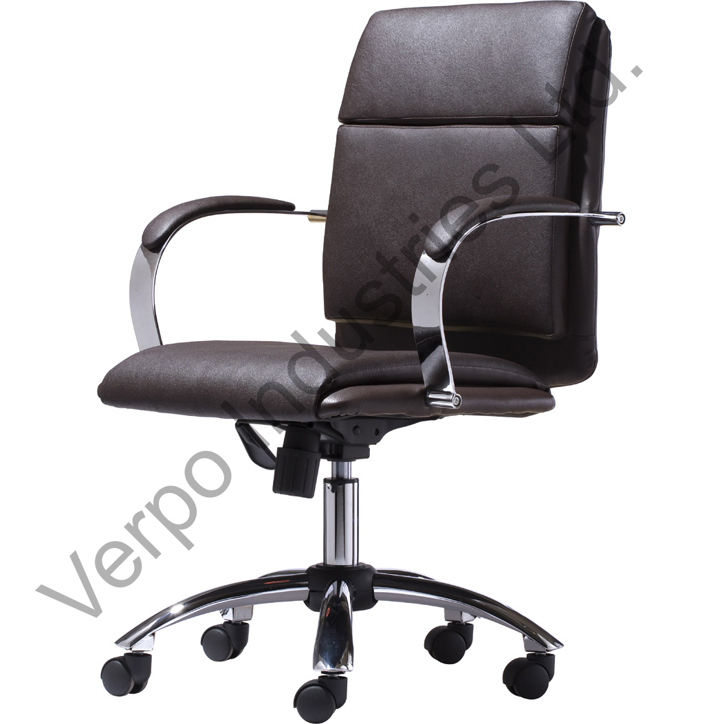 Mid back leather manager chair with chromed arms and base