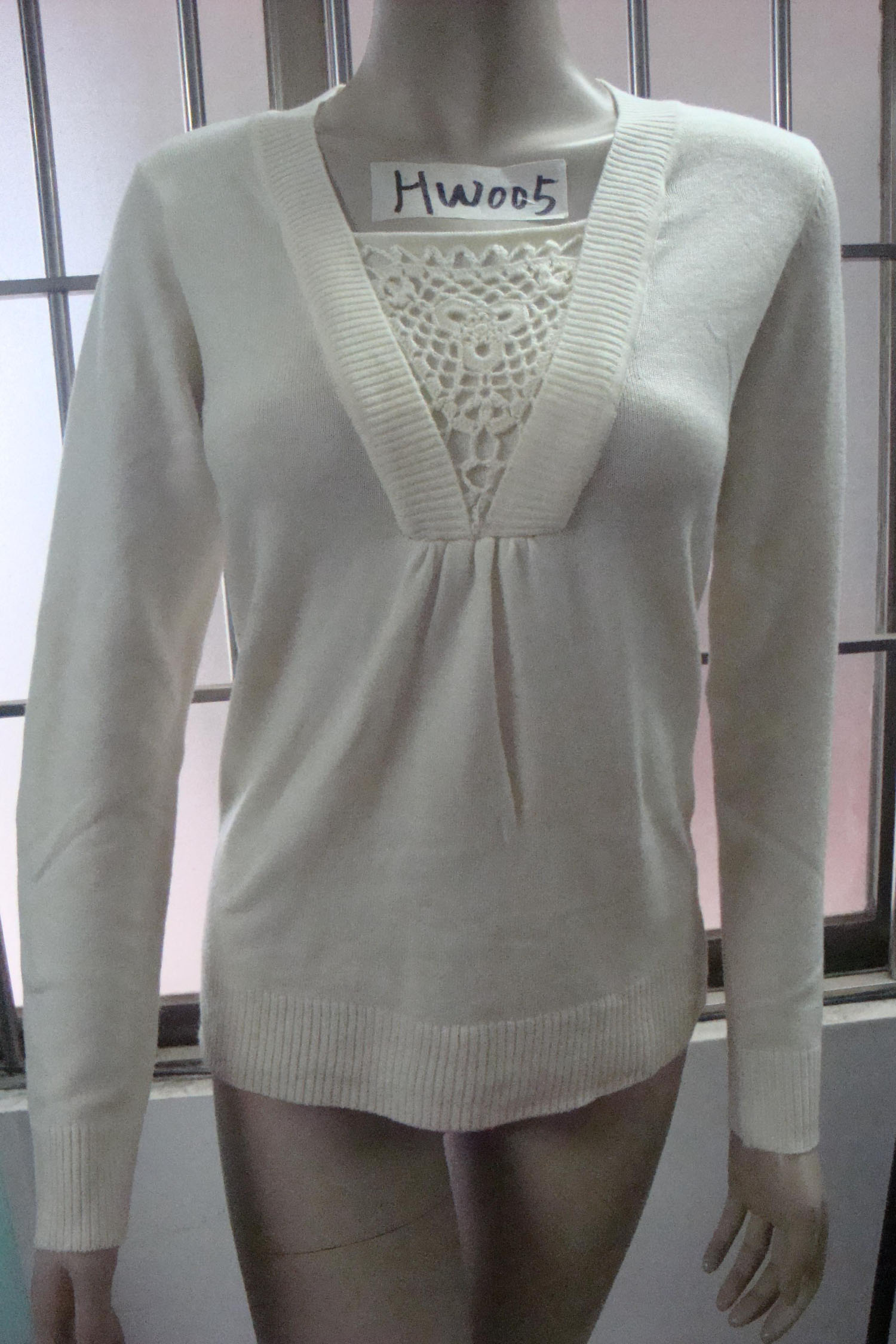 Ladies' V-neck Pullover With Crochet At Front Neck