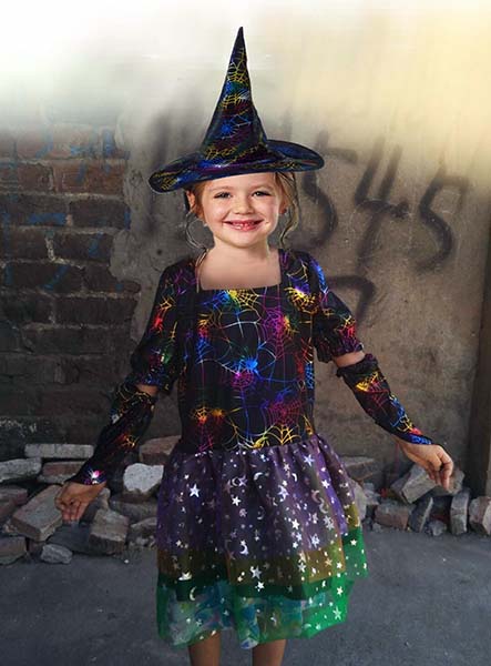 Colorful witch Dress with Pointed Hat, Short Sleeves, Arm Sleeves