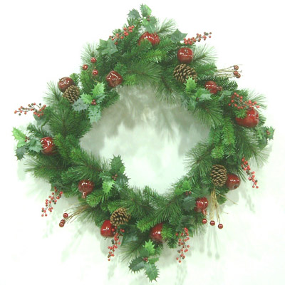 Sell SABLE MIXED FIR 30 inches SQUARE WREATH (W/APPLE, POMEGRANATE, BERRIES, NAT. CONES, HOLLY LVS & TWIGS)