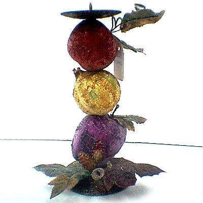 8.75 inches Metal Candle Holder with Styrofoam Micro Beaded Magic Metallic Fruit and Lvs