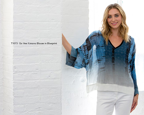 Go Vee Kimono Blouse in Blueprint
