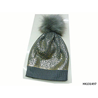 Knitted Hat with Fur Ball and Glitter