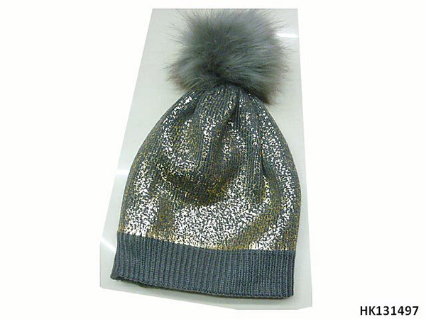 Knitted Hat with Fur Ball and Glitter
