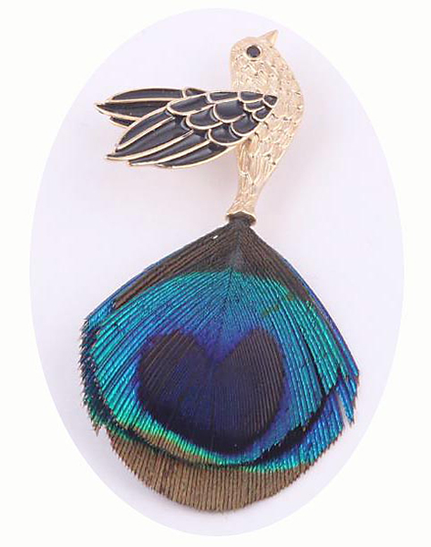 Epoxy Bird Peacoke Feather Brooch