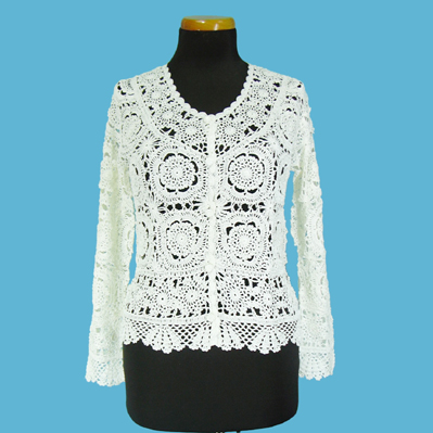 LADIES' 100% RAYON HAND CROCHET CARDIGAN.