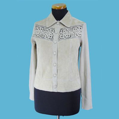 LADIES' SUEDE JACKET WITH WOOL/ACRYLIC CROCHET TRIM.