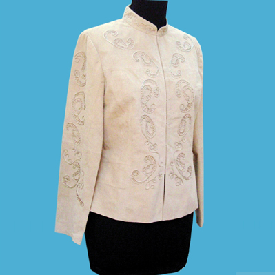 LADIES' SUEDE JACKET W/BATTENBURG LACE TRIM.