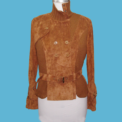 LADIES' SUEDE WITH WOOL/ACRYLIC KNITTED JACKET.