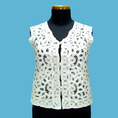 LADIES' 100% RAYON WOVEN BATTENBURG LACE VEST.