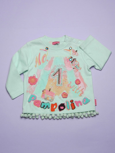 Crew neck embellished T-shirt with hem pompom