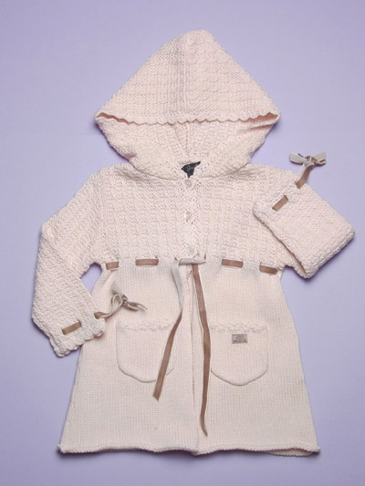 Knit hooded dress with velvet bows at waist and cuffs