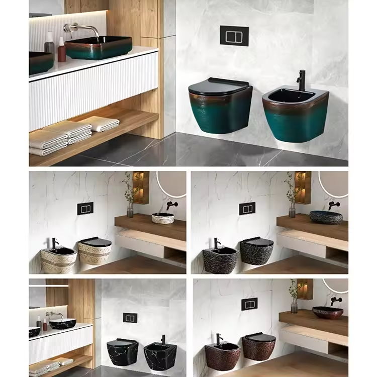 Popular Hotel Bathroom Ceramic Sanitary Ware Suite Wall Hung Toilet and Countertop Wash Basin Set