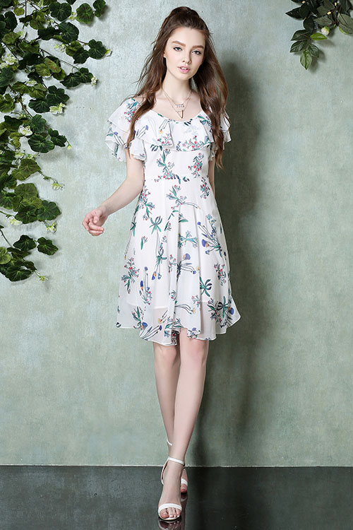 Poly A-line Scoop Collar Short Sleeve Flora Print Plated Dress