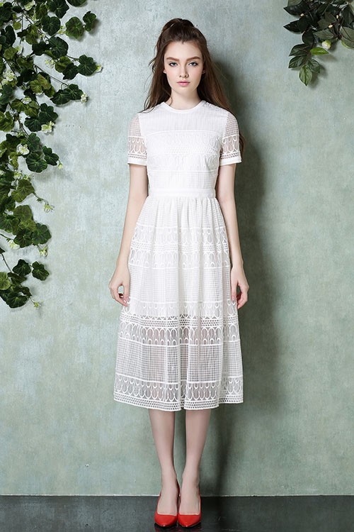White Elegant Short Sleeve High-Waist Round Collar Calf Length Embroidery Dress