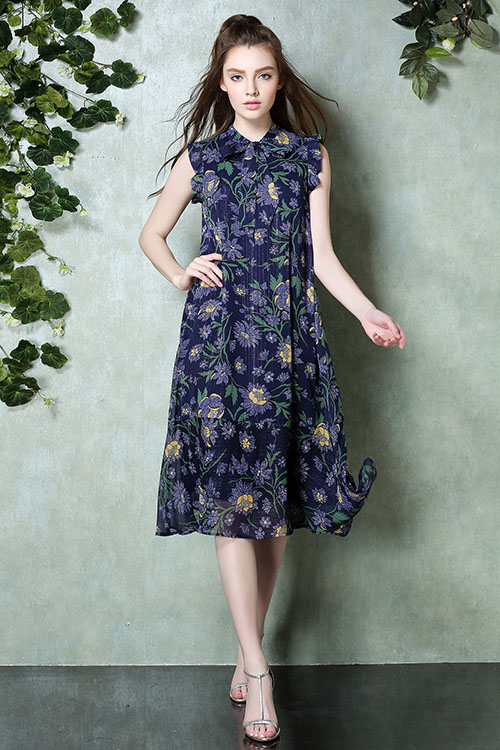 Sweatheartneckline Sleeveless Flora Print Knee Length Mid Long Dress