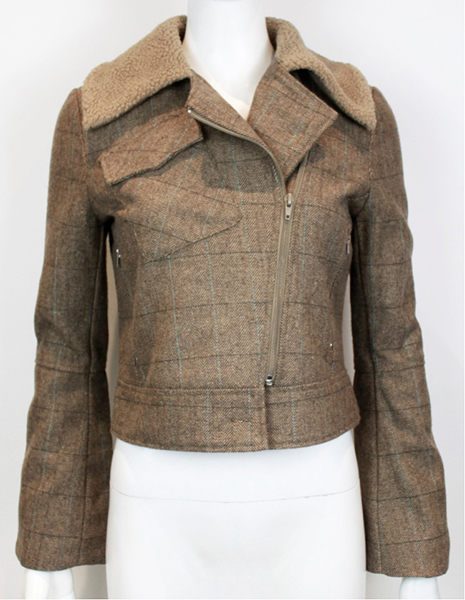 Woven Yarn Dye Check Short Jacket with Imitation Fur Collar