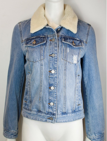 Woven Denim Jacket with Imitation Fur Collar and Fancy Wash