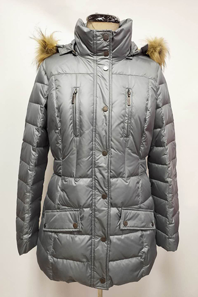 Woven Quilted Down Jacket with Imitation Fur Hood and Chest Zip Pocket