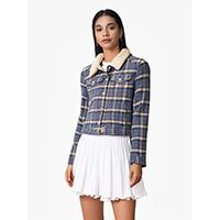 Women's Fur Collar Woven Checker Denim Jacket With Fur Lining