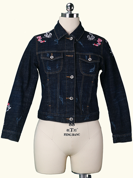 New Best Price Pretty Girl Slim Fit Dark Navy Denim Cotton Jacket with Flower Embordery patterm on York and Sleeve