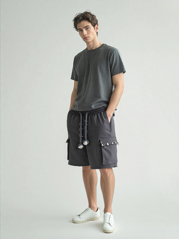 Young Mens Pure Cotton With Heavy Stone Wash Hip Hop Patch Work Knit Shorts With Delicate Metal Trims