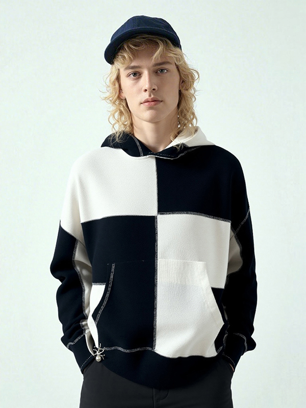 Men's Color Block Fancy Fabric Heavy Luxury Drop Shoulder Long Sleeve Hoodie