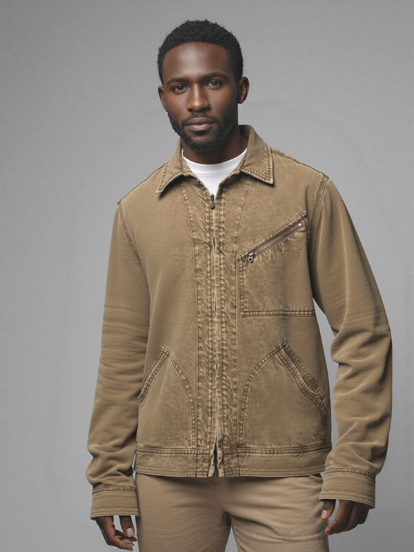 Unisex Worker Look Vintage Acid Wash Classic Zip Jacket With Plus Size