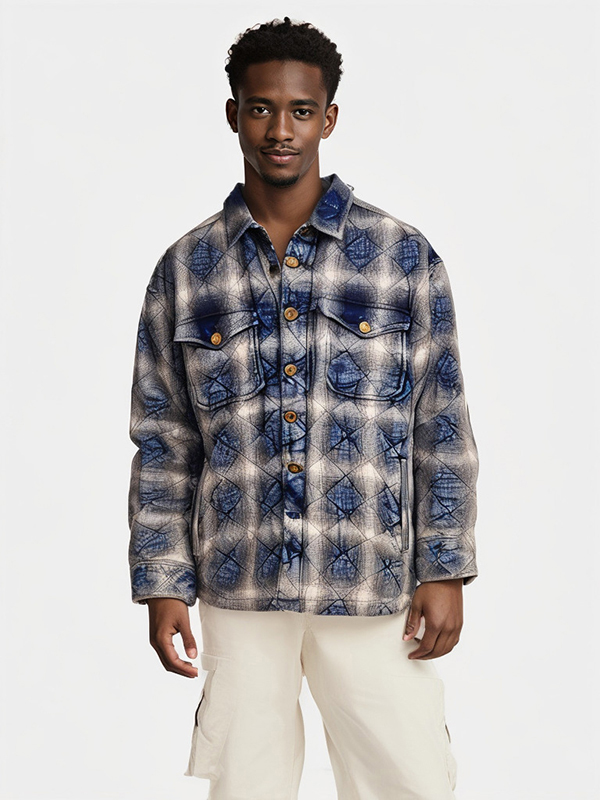 Men's 100% Recycle Cotton With Real Checker Block Double Face With Lining Denim Jacket