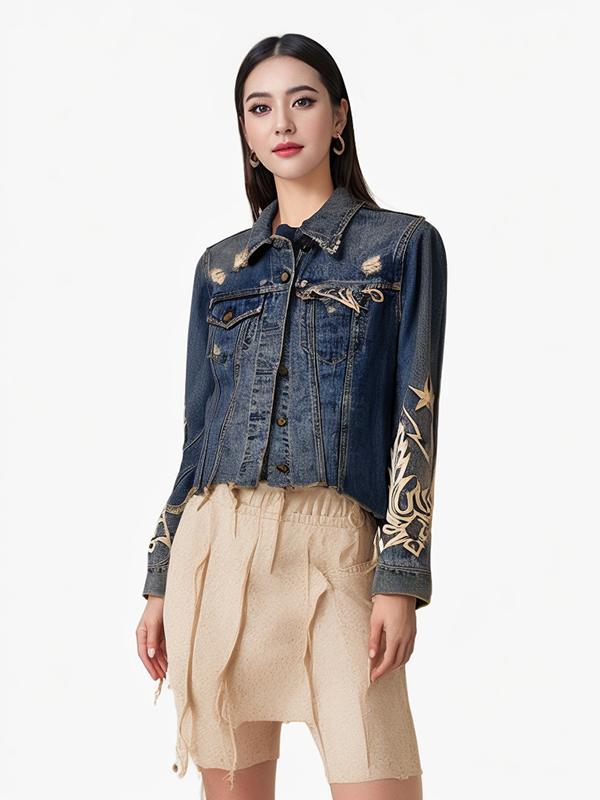 Cow Girl Heavy Embroidery Denim Shirt Blouse