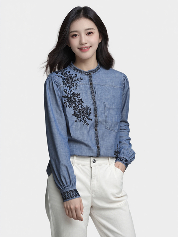 Women's Texture Denim Embroidery Top Blouse