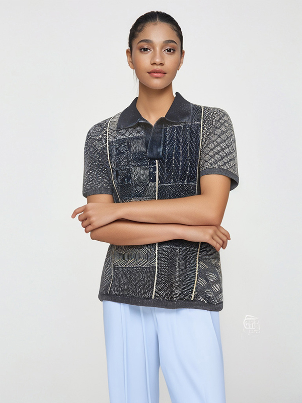 Unisex Washed Denim Kintted Polo With Classic Japanese Pattern