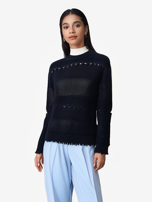 Ladies Trendy Eco Friendly Cotton Fancy Stitch T Neck Pullover Sweater