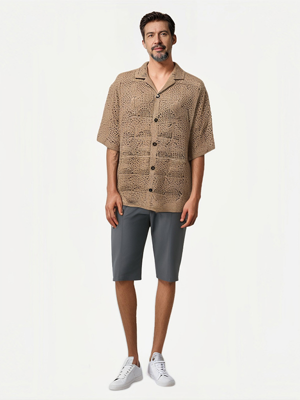 Men's Linen Cotton Short Sleeve Beach Knitted Cardigan