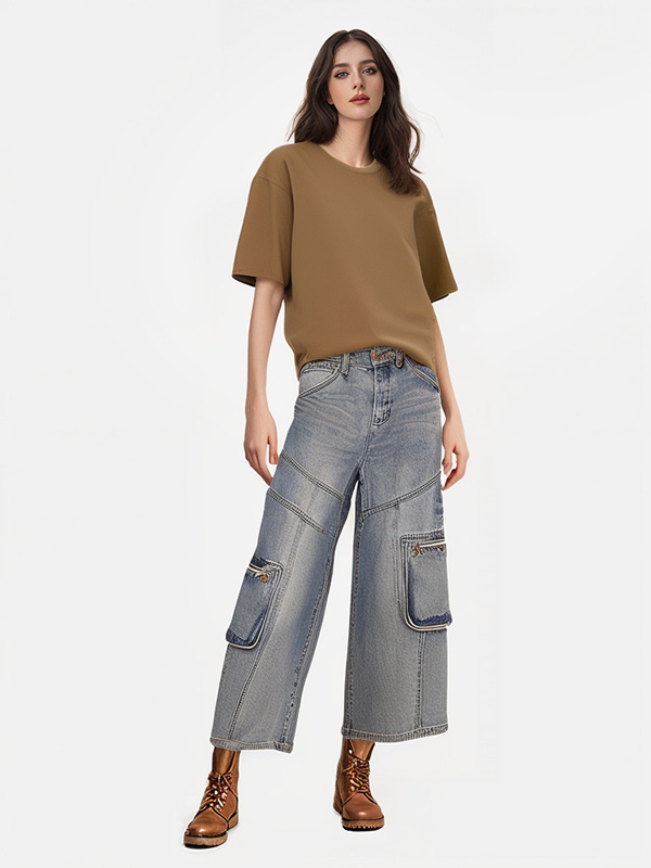 Ladies High Rise Wide Leg Old Baggy 3/4 Length Jeans