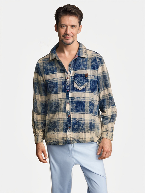 Men's Staining Dirty Wash Slub Cotton Checker Shirt