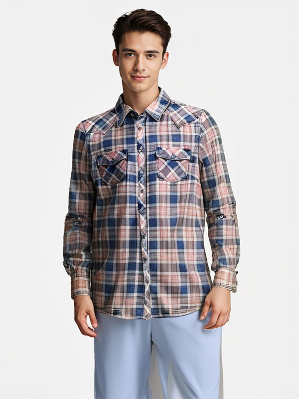 Mens Cotton Twill Checker Mind Blush Emzyme Wash Woven Shirt