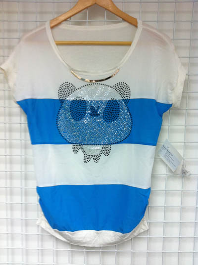 Ladies crew neck s/s heat stone on front nylon fabric