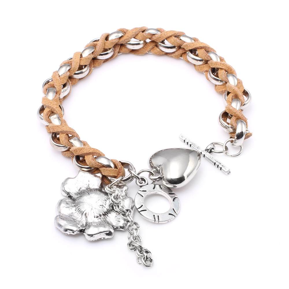 Fashion Metal Flower And Heart Charm Coffee Braid Alloy Bracelet