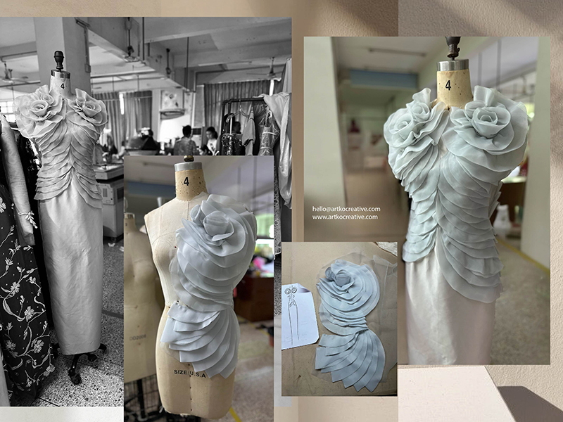 3D Flower Pleated Gown