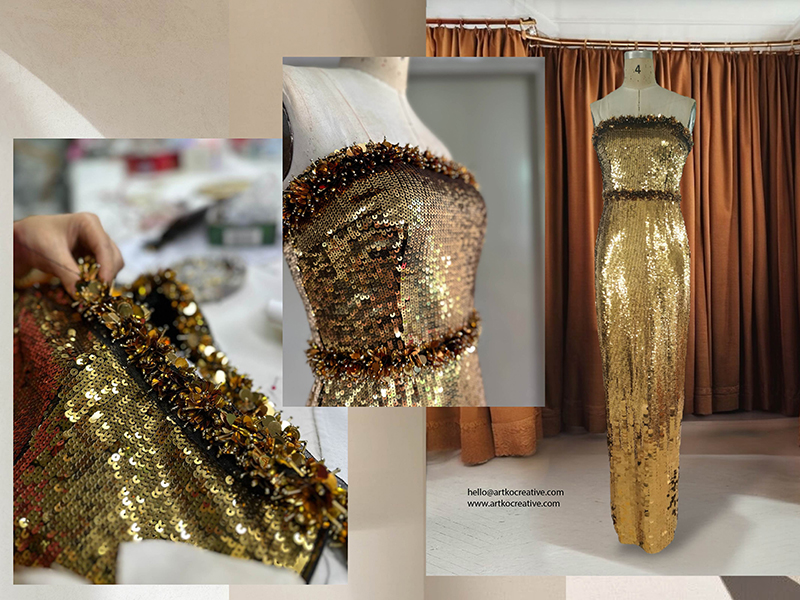 Gold Sequins Gown with 3D Beading