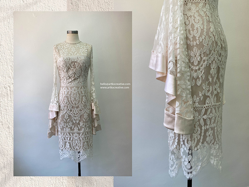 French Lace Bridal Dress with Silk Trim Flounce Sleeves